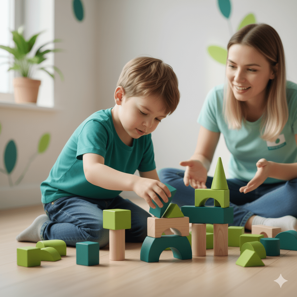 Pädagogische Fachkraft im Schneidersitz beobachtet lächelnd ein Kind, das vertieft mit Holzbauklötzen spielt. Die Szene illustriert die Haltung des kompetenten Kindes und die begleitende Professionalität.