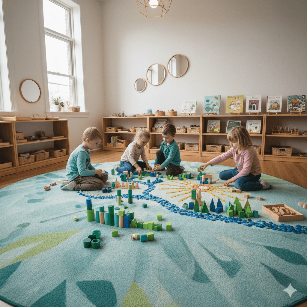 Kinder gestalten gemeinsam mit Natur und Konstruktionsmaterialien auf einem großen Teppich in einer Reggio-inspirierten Lernumgebung.