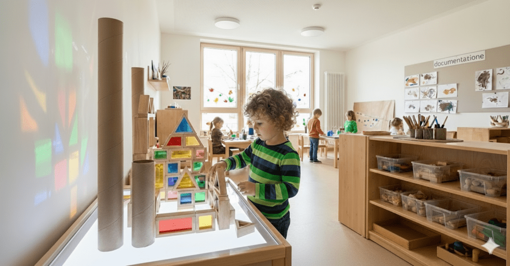 Ein Kind baut konzentriert mit Holz- und bunten Lichtbausteinen an einem Leuchttisch in einem hellen Kita-Raum und setzt seine eigenen Ideen und Konstruktionen um.
