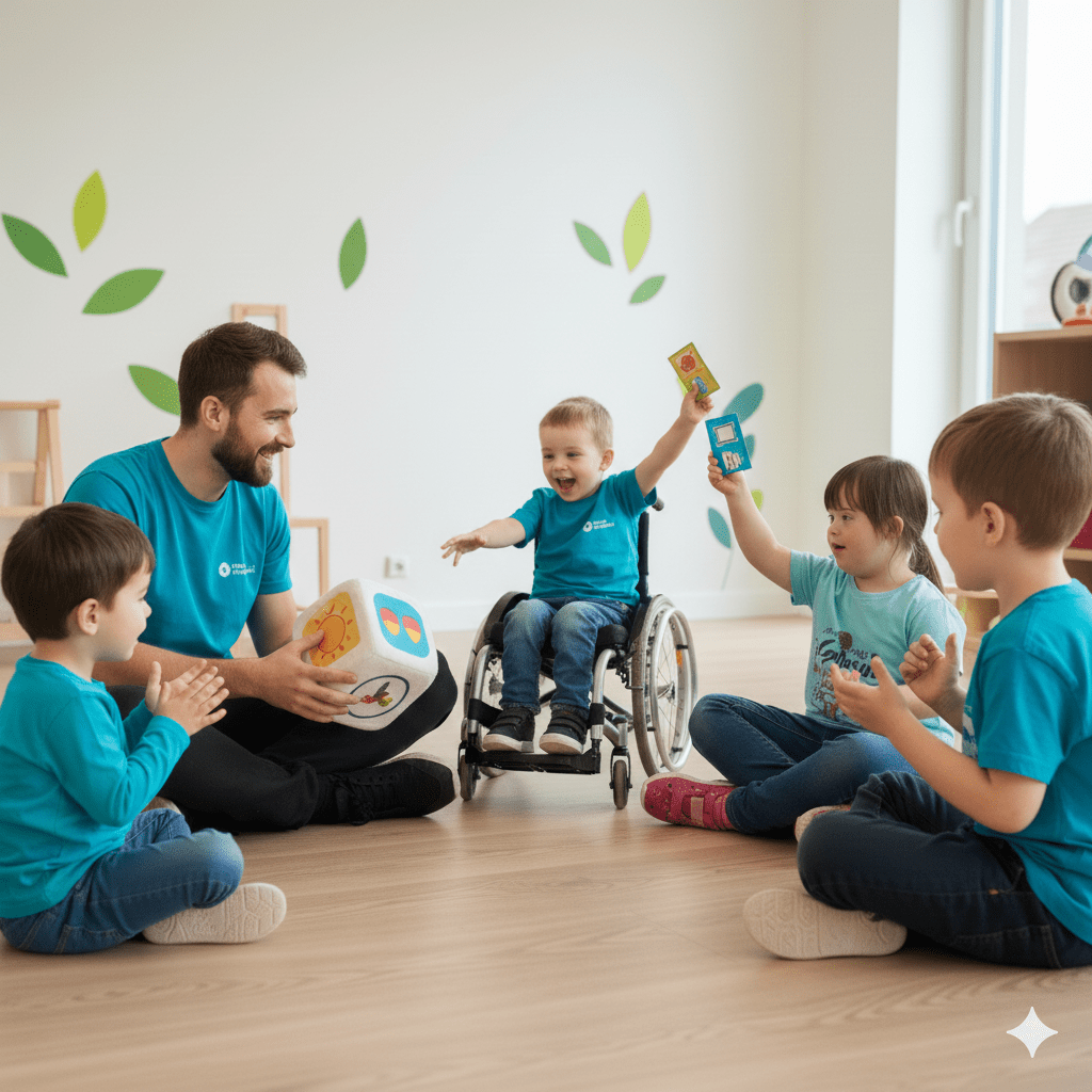 Ein Spielkreis in der Kita. Eine pädagogische Fachkraft sitzt mit vier Kindern, darunter ein Kind im Rollstuhl, auf dem Boden und spielt ein Würfelspiel. Sie stimmen jetzt für das nächste Spiel gemeinsam ab.