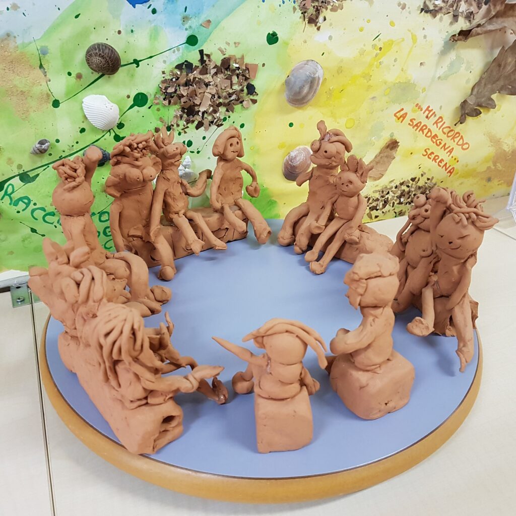 Tonfiguren von Kindern im Kreis vor einer gestalteten Projektwand in einer Reggio-Emilia-Kita. Die Figuren entstanden als Teil eines kreativen Projekts und zeigen unterschiedliche Haltungen und Ausdrucksformen.